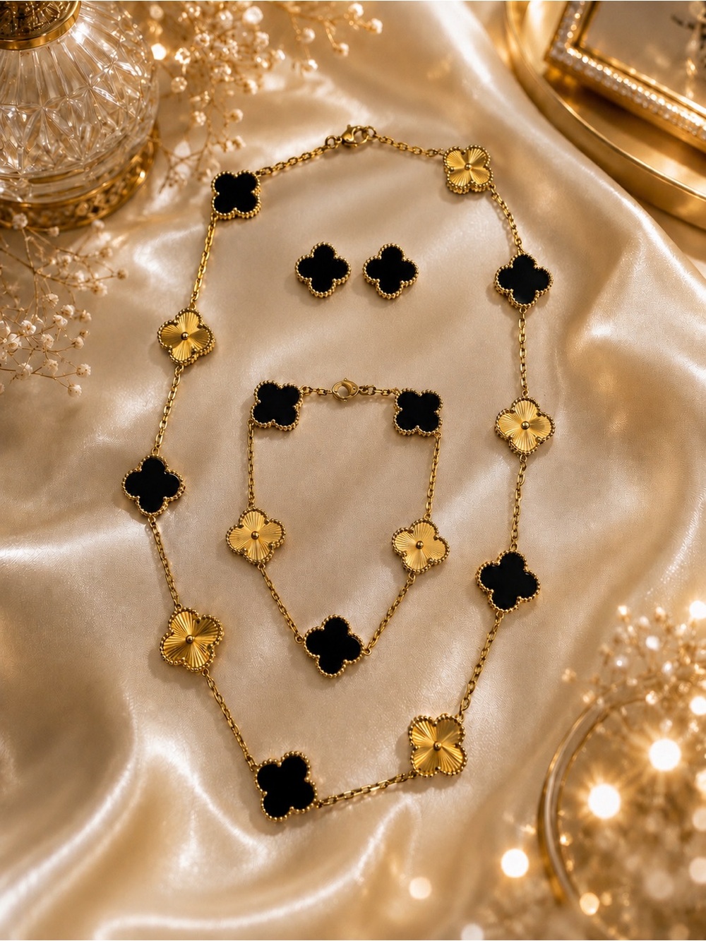 Gold & Black 10 Station Clover Necklace Set